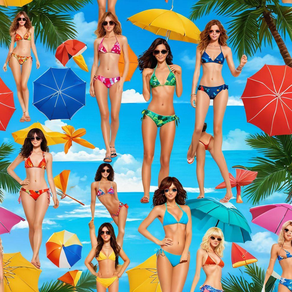 A vibrant beach scene showcasing various models wearing trendy, anime-inspired bikinis and swimwear, surrounded by summer elements like palm trees and colorful beach umbrellas. Incorporate playful pop culture references, like cartoon logos on swimwear and whimsical beach accessories. The image should feel lively and energetic, capturing the essence of summer fashion. super-realistic. vibrant colors. sunny background.